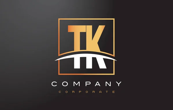 Diseño de Logo TK T K Carta de Oro con Cuadrado de Oro y Swoosh . — Vector de stock