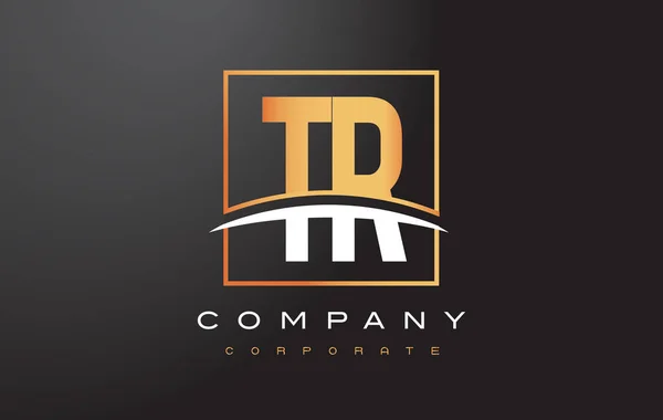Diseño de Logo TR T R Carta de Oro con Cuadrado de Oro y Swoosh . — Vector de stock