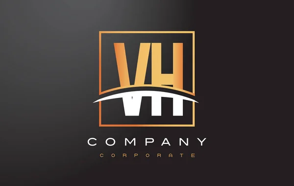 VH V H Golden Letter Design with Gold Square and Swoosh . — стоковый вектор