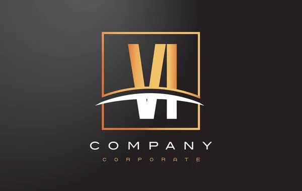 VI V I Diseño de Logo de Letra Dorada con Cuadrado de Oro y Swoosh . — Vector de stock