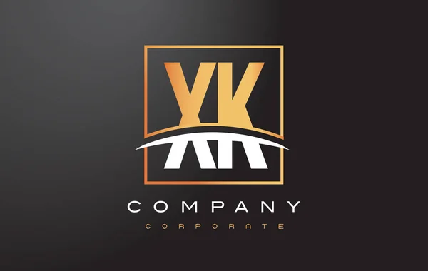 XK X K Golden Letter Logo Design with Gold Square and Swoosh. - Stok Vektor