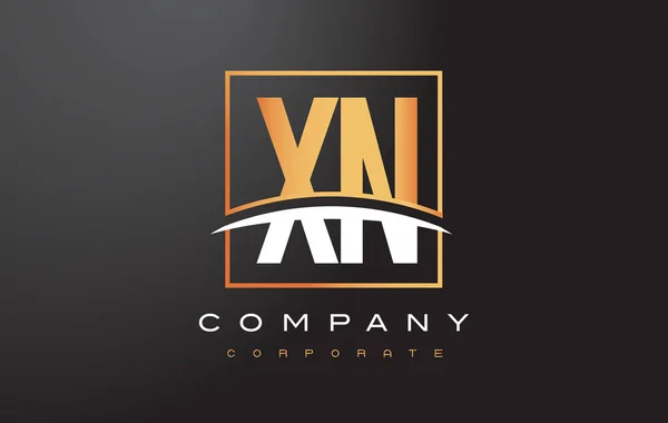 XN X N Golden Letter Logo Design com Praça de Ouro e Swoosh . — Vetor de Stock