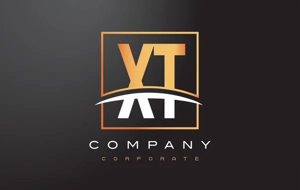 XT X T gouden Letter Logo ontwerp met goud plein en Swoosh. — Stockvector