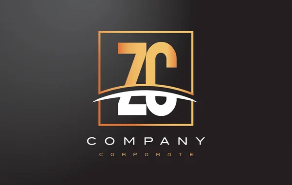 ZC Z C Golden Letter Logo Design with Gold Square and Swoosh. - Stok Vektor