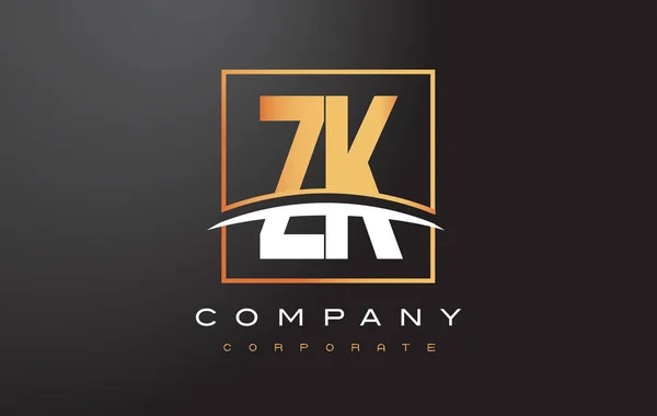ZK Z K Golden Letter Logo Design with Gold Square and Swoosh. - Stok Vektor