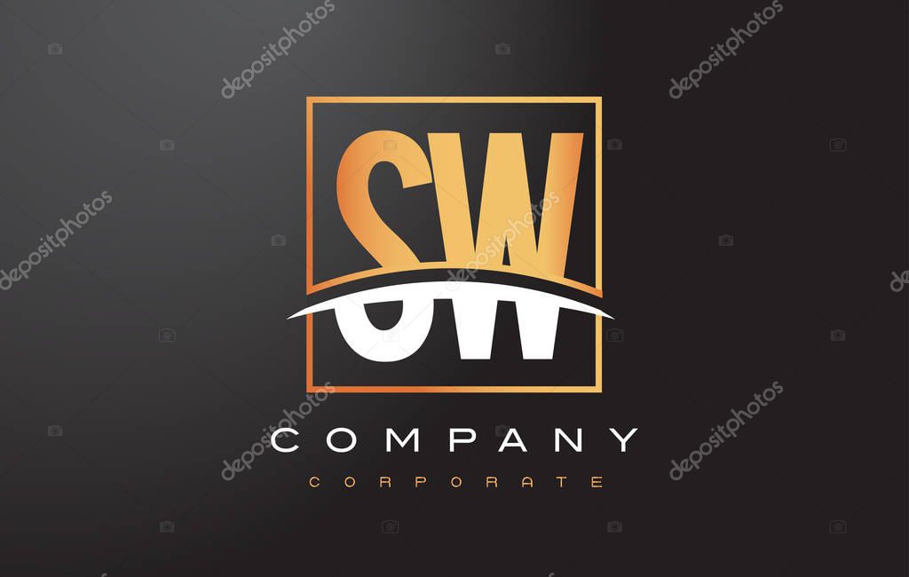 SW S W Golden Letter Logo Design with Swoosh and Rectangle Square Box Vector Design.