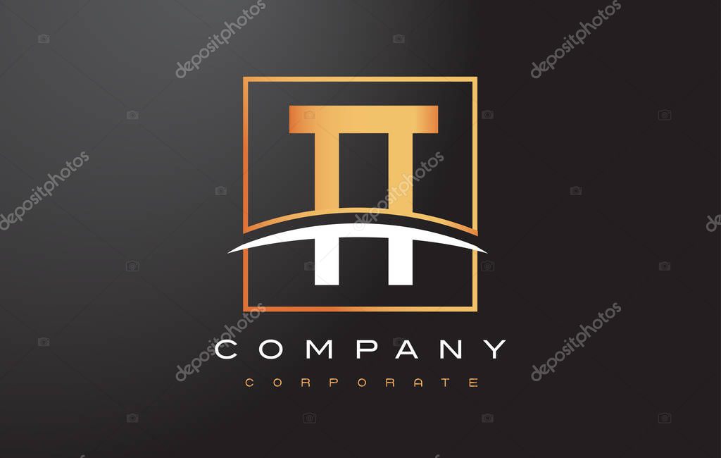 TT T Golden Letter Logo Design with Swoosh and Rectangle Square Box Vector Design.