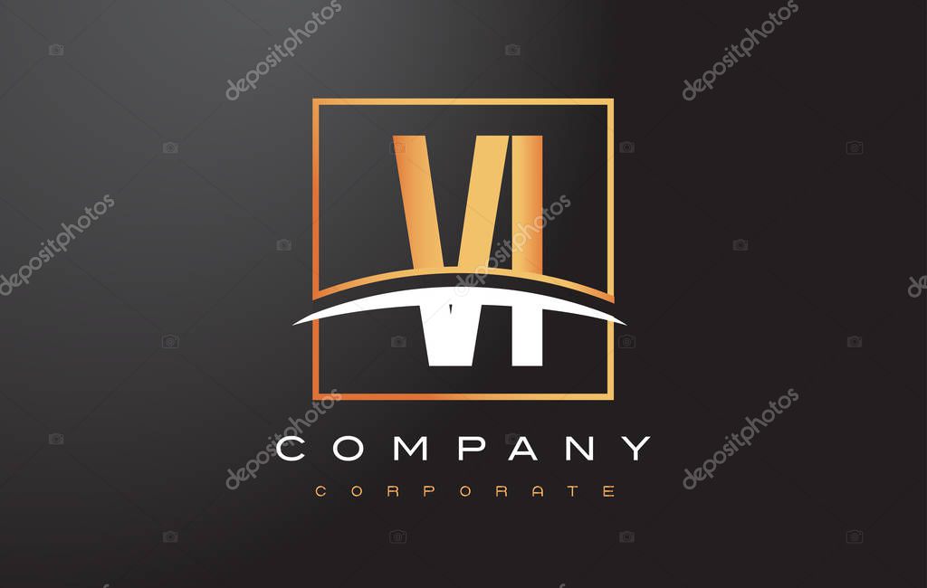 VI V I Golden Letter Logo Design with Swoosh and Rectangle Square Box Vector Design.