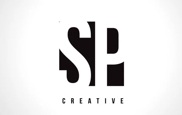 SP S P White Letter Logo Design com Black Square . — Vetor de Stock