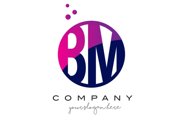 BM B M cerchio lettera logo design con puntini viola bolle — Vettoriale Stock