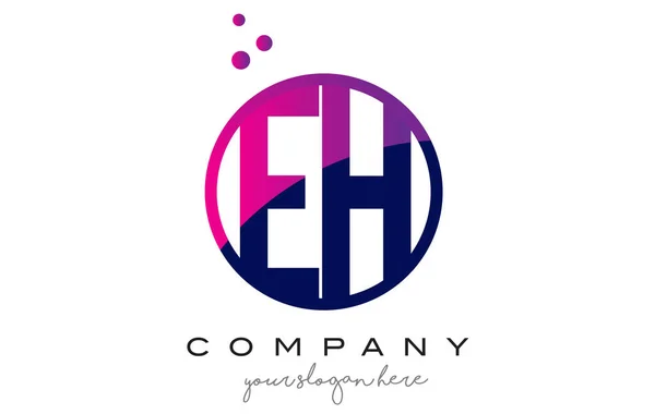 EH E H cerchio lettera logo design con puntini viola bolle — Vettoriale Stock