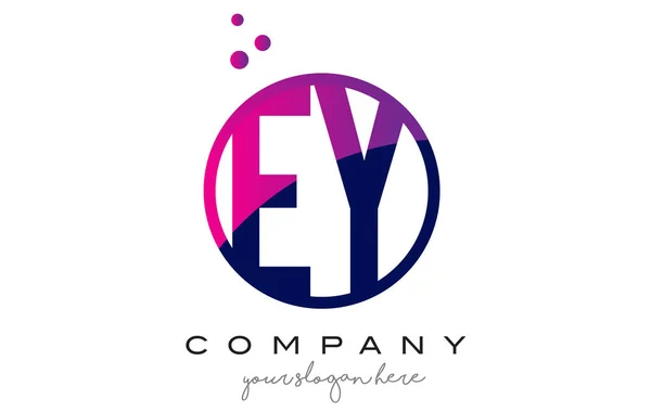 EY E Y cerchio lettera logo design con puntini viola bolle — Vettoriale Stock