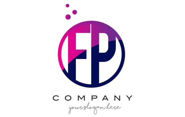 FP F P koło list Logo Design z fioletowym punktów pęcherzyki — Wektor stockowy