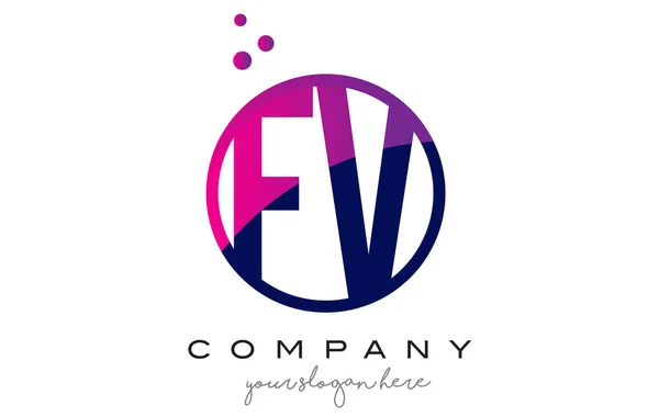 FV F V cerchio lettera logo design con puntini viola bolle — Vettoriale Stock