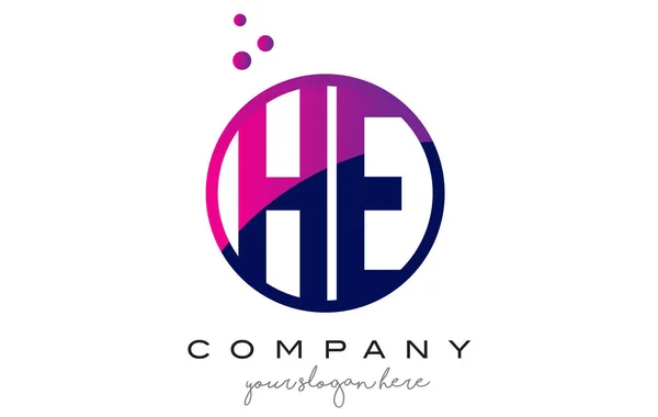 LUI H E cerchio lettera logo design con puntini viola bolle — Vettoriale Stock