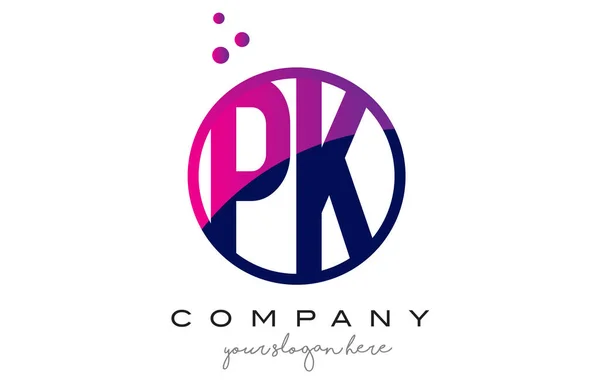 PK P K cerchio lettera logo design con puntini viola bolle — Vettoriale Stock