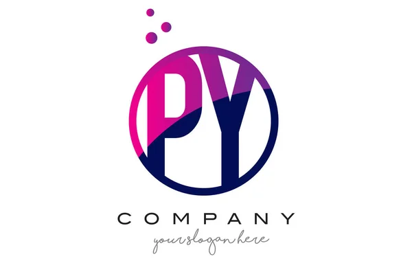 Py P Y koło list Logo Design z fioletowym punktów pęcherzyki — Wektor stockowy