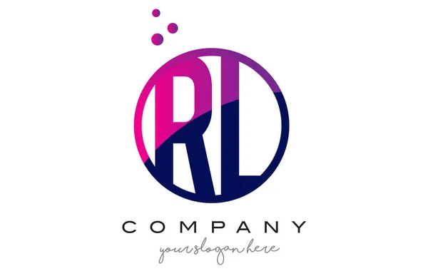 RL R L cerchio lettera logo design con puntini viola bolle — Vettoriale Stock