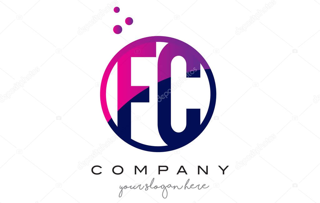 FC F C Circle Letter Logo Design with Purple Magenta Dots Bubbles Vector Illustration