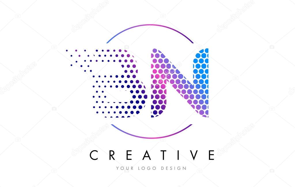 BN B N Pink Magenta Dotted Bubble Letter Logo Design. Dots Lettering Vector Illustration