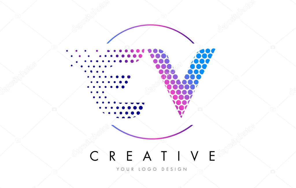 EV E V Pink Magenta Dotted Bubble Letter Logo Design. Dots Lettering Vector Illustration