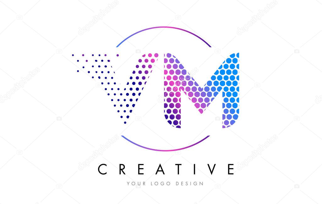 VM V M Pink Magenta Dotted Bubble Letter Logo Design. Dots Lettering Vector Illustration