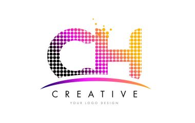 CH C H Dots Letter Logo Design with Magenta Bubble Circles and Swoosh clipart svg vector 