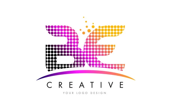 BE B E Letter Logo Design with Magenta Dots and Swoosh — Stock Vector