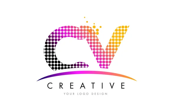 CV C V Letter Logo Design with Magenta Dots and Swoosh — Stock Vector