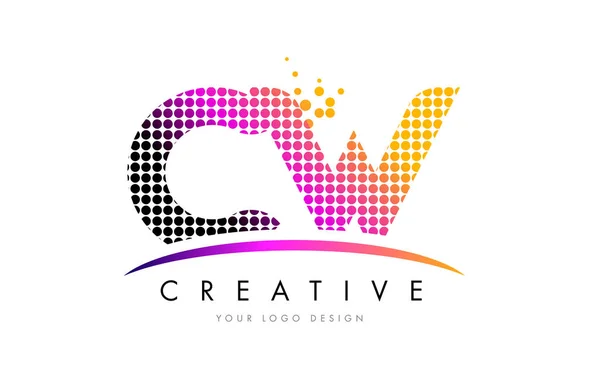 CW C W Letter Logo Design with Magenta Dots and Swoosh — Stock Vector
