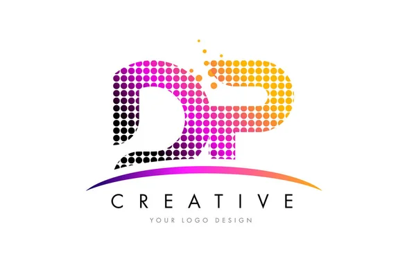 DP D P Carta Logotipo Diseño con puntos Magenta y Swoosh — Vector de stock
