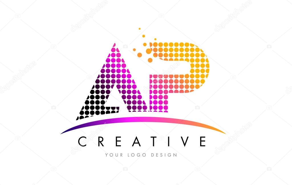 AP A P Dots Letter Logo Design with Magenta Bubble Circles and Swoosh