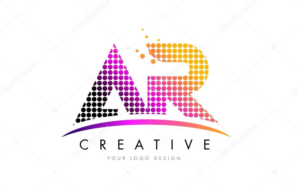 AR A R Dots Letter Logo Design with Magenta Bubble Circles and Swoosh