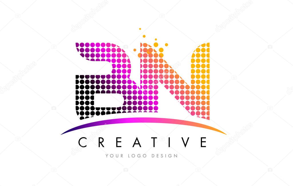 BN B N Dots Letter Logo Design with Magenta Bubble Circles and Swoosh