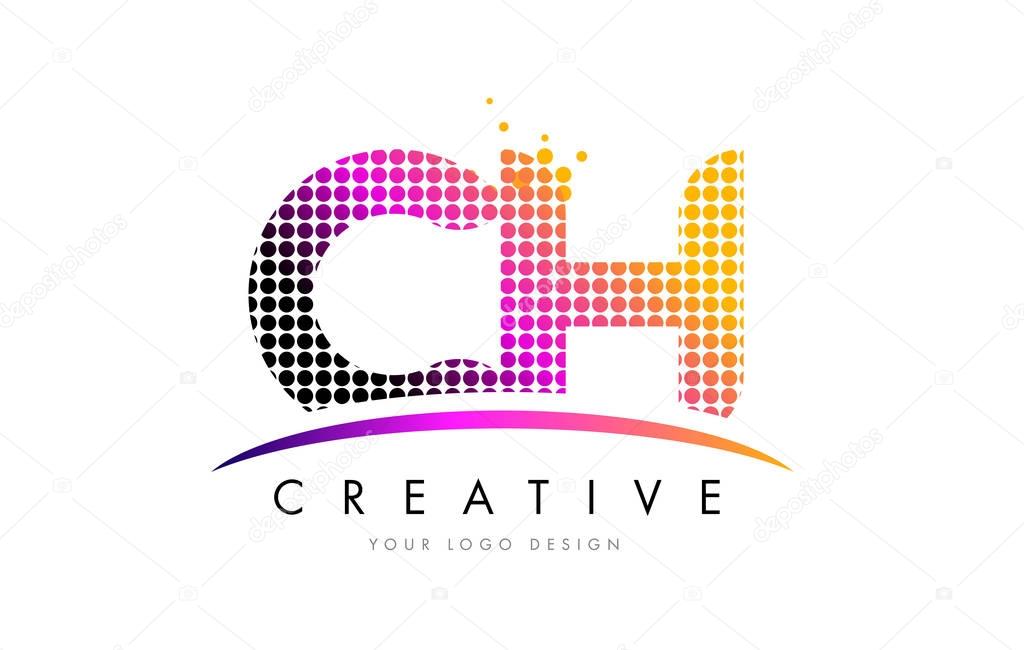 CH C H Dots Letter Logo Design with Magenta Bubble Circles and Swoosh