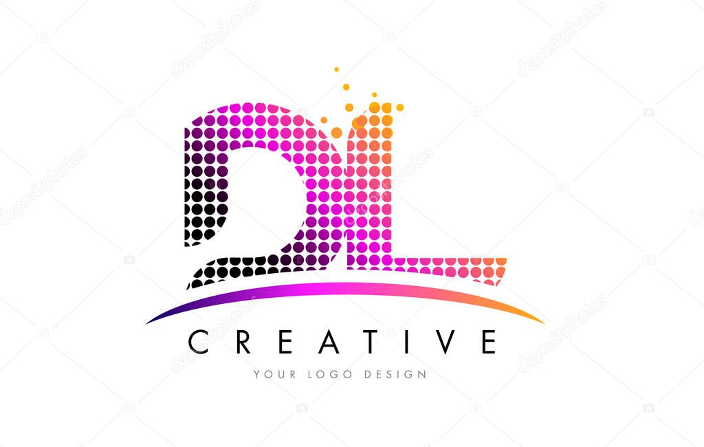 DL D L Dots Letter Logo Design with Magenta Bubble Circles and Swoosh