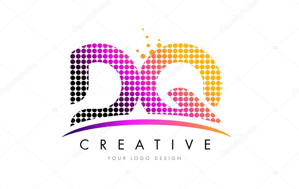 DQ D Q Dots Letter Logo Design with Magenta Bubble Circles and Swoosh