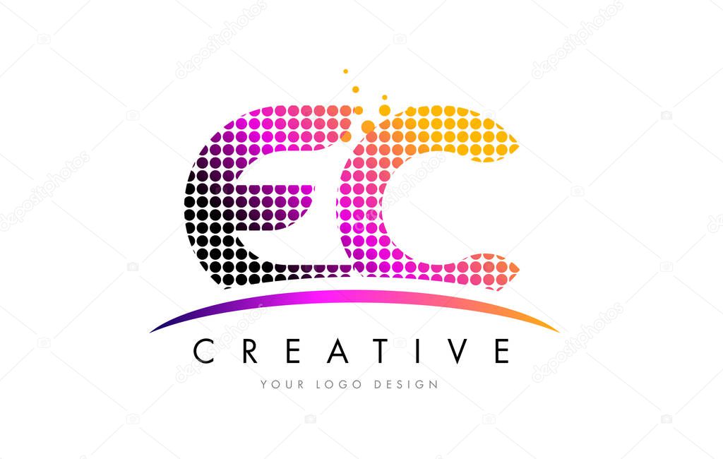 EC E C Dots Letter Logo Design with Magenta Bubble Circles and Swoosh