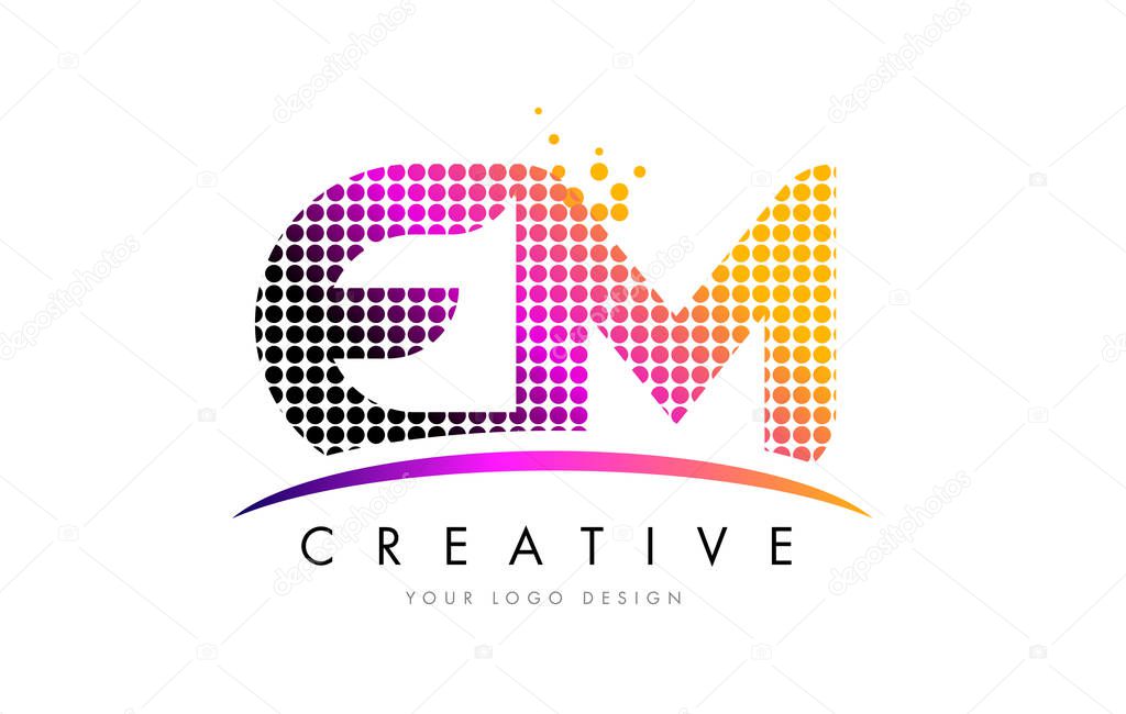EM E M Dots Letter Logo Design with Magenta Bubble Circles and Swoosh