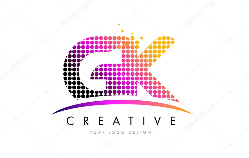 GK G K Dots Letter Logo Design with Magenta Bubble Circles and Swoosh