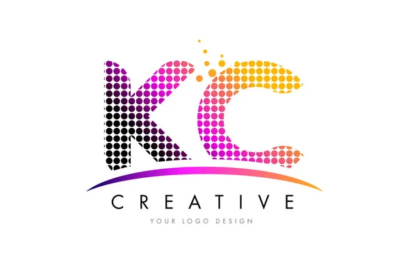 KC K C Letter Logo Design with Magenta Dots and Swoosh — Stock Vector