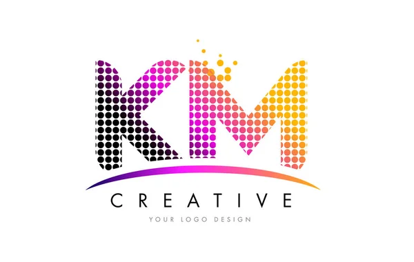 KM K M Lettre Logo Design avec points magenta et swoosh — Image vectorielle