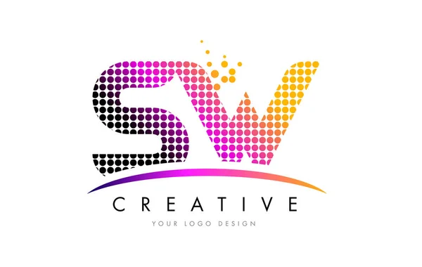 SW S W Letter Logo Design with Magenta Dots and Swoosh — Stock Vector