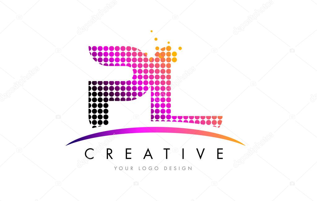 PL P L Dots Letter Logo Design with Magenta Bubble Circles and Swoosh
