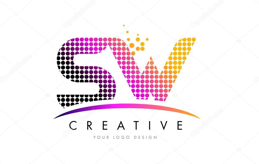 SW S W Dots Letter Logo Design with Magenta Bubble Circles and Swoosh