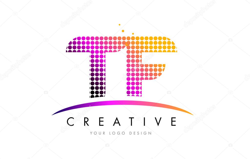 TF T F Dots Letter Logo Design with Magenta Bubble Circles and Swoosh