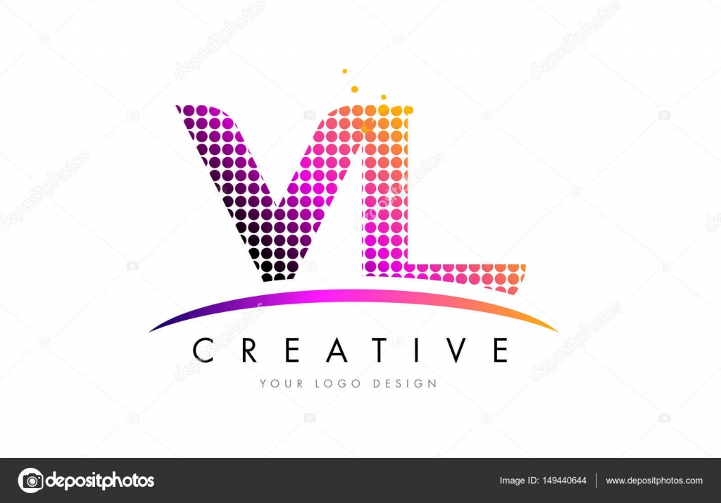 VL V L Letter Logo Design with Magenta Dots and Swoosh Stock