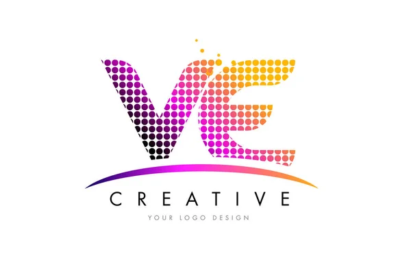 VE V E Letter Logo Design with Magenta Dots and Swoosh — Stock Vector