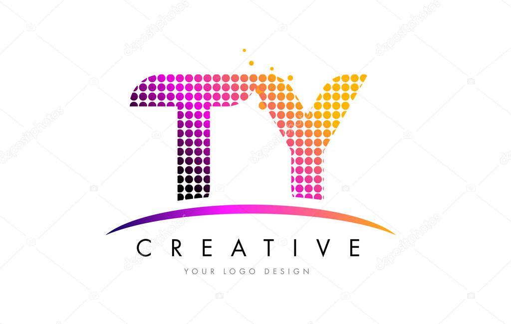 TY T Y Dots Letter Logo Design with Magenta Bubble Circles and Swoosh