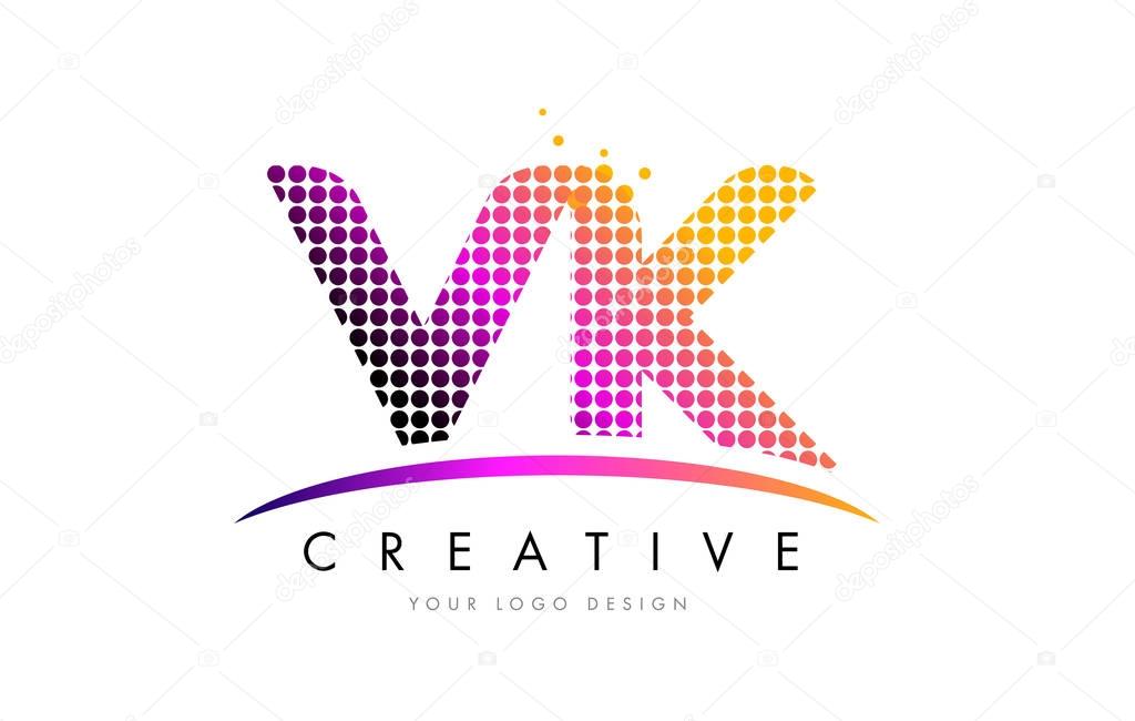 VK V K Dots Letter Logo Design with Magenta Bubble Circles and Swoosh